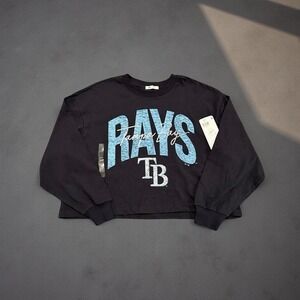 '47 Brand Tampa Bay Rays LS Crop Top Navy Glitter Script Women Large NWT